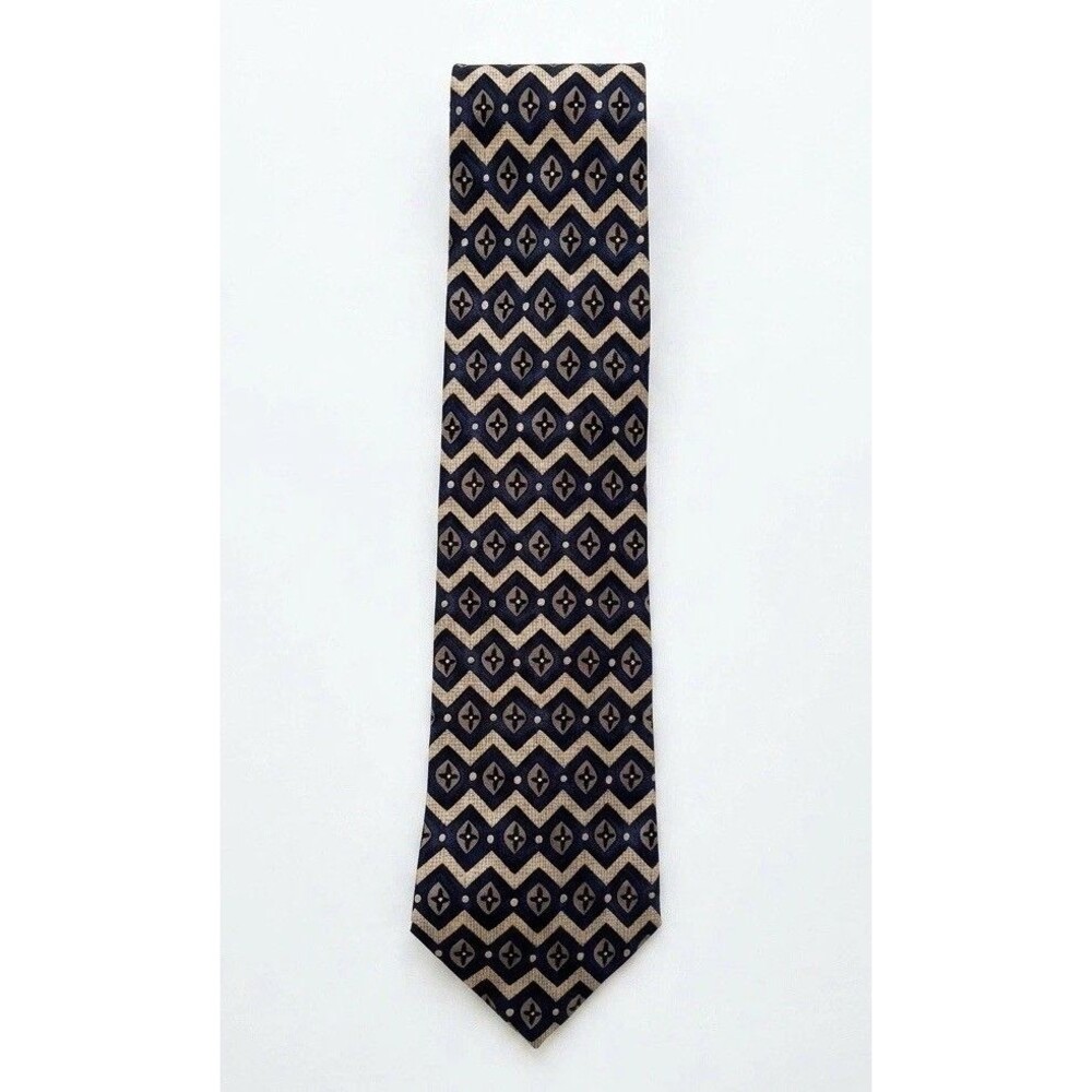 Barbara Blank NY Handmade Silk Tie Navy Gold Geometric Silk Twill MSRP $145